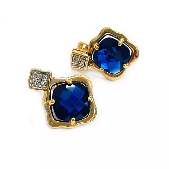 Серьги с фианитом и сапфиром из золота